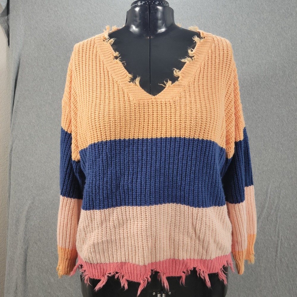 Derek Heart Plus Sweater Womens 3X Orange Blue Pink Distressed Colorblock V-Neck